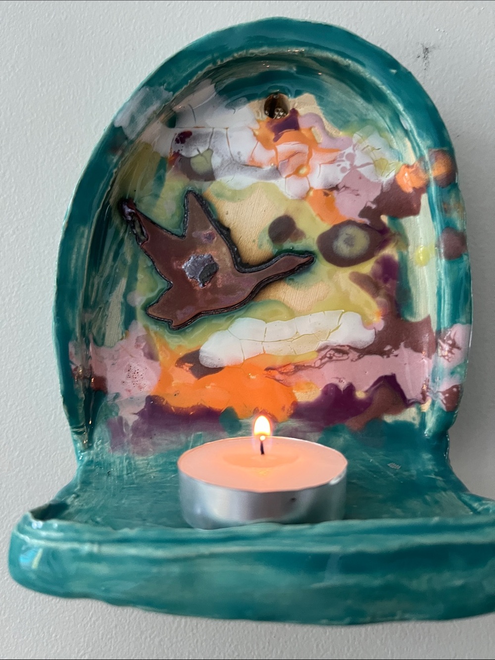 Handcrafted Pottery Ceramic Wall Sconce/mini alter with Copper Bird Motif